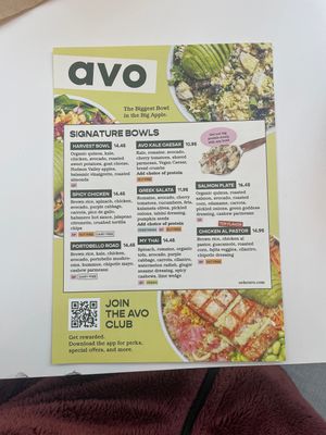 This is the menu with plenty of options and identifying factors below the items offered, while also providing the option for customization   at Avo in New York City