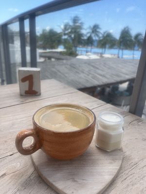 Long black with foamed soy milk  at Bliss the Berry in Willemstad