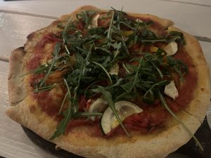 Vegetariana pizza made vegan without the cheese  at Mi Familia Ristorante in Willemstad
