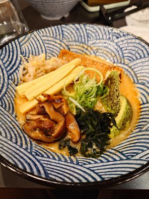 Vegan ramen: Creamy Beet Miso Broth, Seaweed Base, Wakame, Tofu,  Shiitaki Mushroom, Sesame Peanut Soy Base at Ramen Kafé in Umea