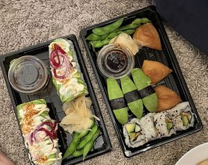 Vegan sushi roll & vegan sushi (avocado, cucumber & tofu)  at Ramen Kafé in Umea