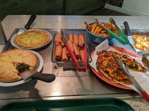 some of the hot items, including vegan tourtiere and quiche at Resto Vego in Montreal