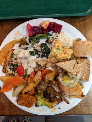 my plate - tastes of many cold and hot items at Resto Vego in Montreal