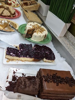 dessert bar, including vegan chocolate mousse cake in foreground at Resto Vego in Montreal