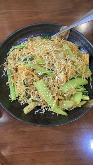 Vegetable Singapore noodles - delish   at Lims Kitchen in Warners Bay