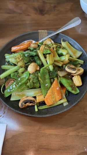 Vegetables with lemongrass & basil - yum  at Lims Kitchen in Warners Bay