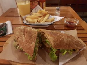 Vegan sandwich with added avocado at Galapagos Deli in Puerto Ayora