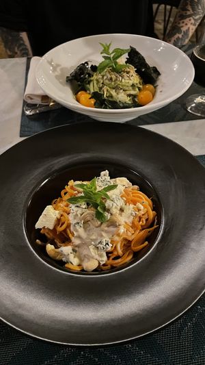 Vegan tagliatelle zucchine and vegetarian patata dolce  at MINT Cucina Fresca in Polignano A Mare