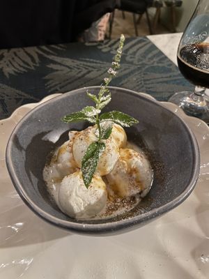 Vegan ricotta ice cream with pine nut caramel  at MINT Cucina Fresca in Polignano A Mare