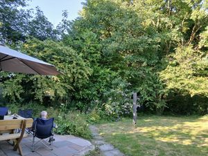 Private garden (parasol model’s own!) at Gorllan in Eglwyswrw