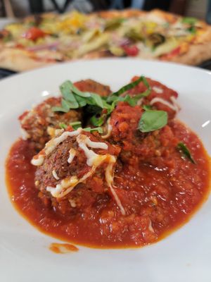 Vegan Meat Balls with Marinara at Fratello's Ristorante & Pizzeria in Idyllwild