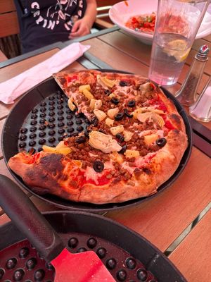 Pineapple, artichoke, olives and vegan sausage. A hit!  at Fratello's Ristorante & Pizzeria in Idyllwild