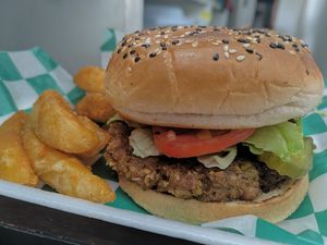 Wake Up Hamburger goes with potato Wedges at Wake Up Vallarta in Puerto Vallarta