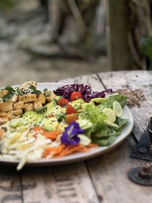 Salad with veggies, tofu and breadd  at My Home Sal in Koh Phayam