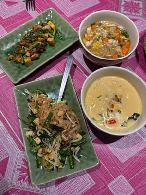 pad thai + stir fry basil at Thai Akha Kitchen Cooking School in Chiang Mai