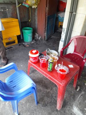 Plastic chairs and plastic tables are the standard furniture for cheap local vegan eateries. at Quán chay Thiện Quang in Ho Chi Minh City