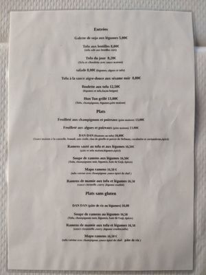 Menu at Toutofu in Paris