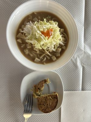 Dan Dan Noodles (top) - OK.  Galette de Lentilles (bottom) - avoid.   at Toutofu in Paris