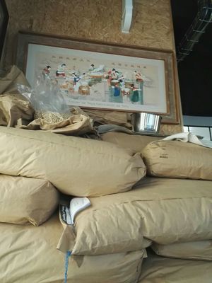 Giant soy bean bags are part of the decoration at Toutofu in Paris