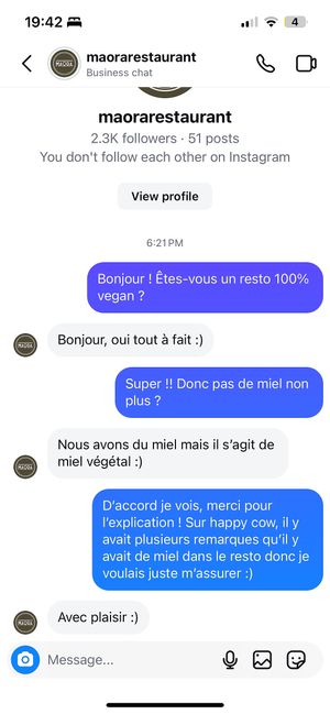 They confirmed their honey is vegan   at Maora Restaurant - Batignolles in Paris