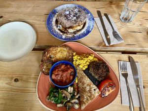 Chai pancakes and vegan breakfast   at Roots Cafe Inv in Inverness