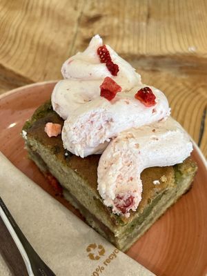 Matcha strawberry and basil cake   at Roots Cafe Inv in Inverness