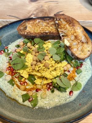Special: Turkish eggs with dill yoghurt dressing- with scrambled tofu for vegan option.  at Roots Cafe Inv in Inverness