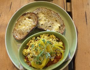 vegan shakshuka with scrambled tofu and sourdough - yum!!  at Roots Cafe Inv in Inverness