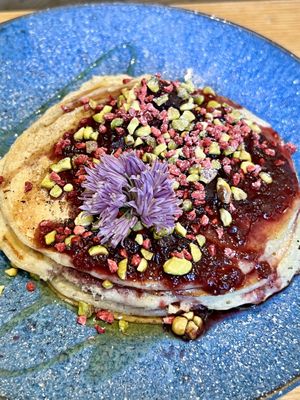 Cherry and pistachio pancakes   at Roots Cafe Inv in Inverness