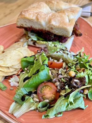 Hummus and mushroom focaccia   at Roots Cafe Inv in Inverness