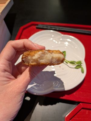 Inside an okara croquette at UNO RAMEN - Sanjo in Kyoto