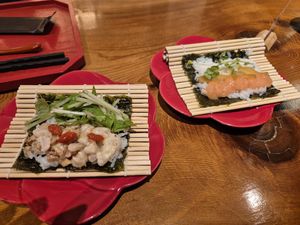 Self role with fake fish and scrimp at UNO RAMEN - Sanjo in Kyoto