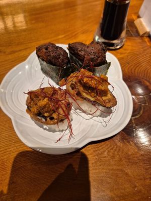 Front aubergine, back meat balls at UNO RAMEN - Sanjo in Kyoto