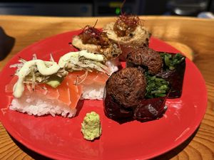 Tuna, meatball & Eggplant Sushi   at UNO RAMEN - Sanjo in Kyoto