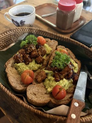 Avocado toast with Tempe (replace the egg with Tempe)   at Jeffry Coffee Shop in Pecatu
