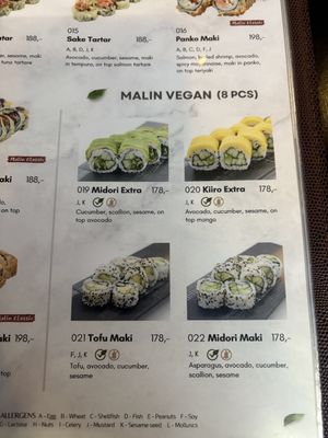 Clearly marked vegan options on the menu  at Malin Sushi in Voss