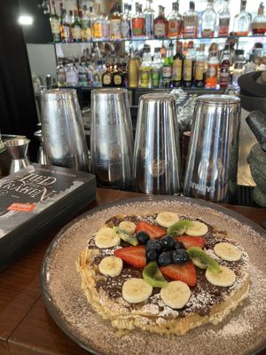 vegan waffle with chocolate and fruit  at DAS HOUSE Café & Bar in Vienna