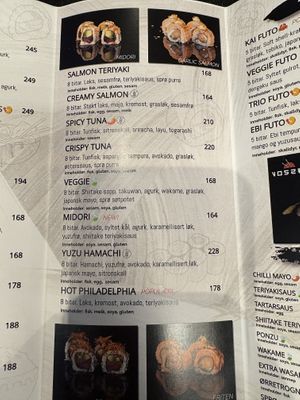 Vegan symbol on the menu  at Vossa Sushi in Voss