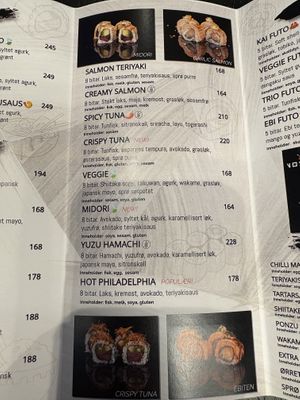 Vegan symbol on the mrnu  at Vossa Sushi in Voss