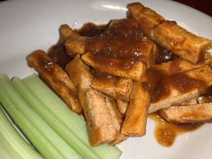Tofu tornado appetizer (no blue cheese to make it vegan).  The bbq sauce is chunky  at Main Street Bistro in New Paltz