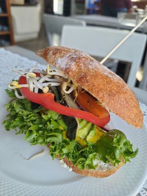 Vegan sandwich with grilled veggies, cumin spiced hummus and avocado. at Sturehofs Slottscafé in Norsborg