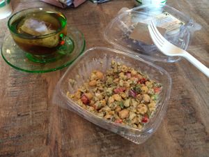 garbanzo sea salad and cup of tea at The Bee in West Palm Beach