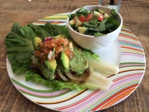 yam and chickpea burger and salad at The Bee in West Palm Beach