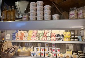 20+ kinds of vegan cheese, yoghurt, spreads and sausages. Most locally produced artisinal and organic.  at Frosta Deli in Hoeoer
