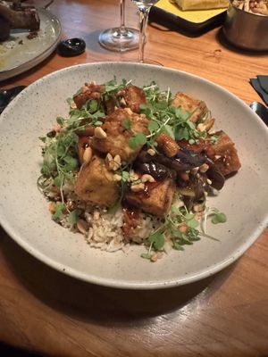 Tofu and rice and veggies  at 15 Church in Saratoga Springs