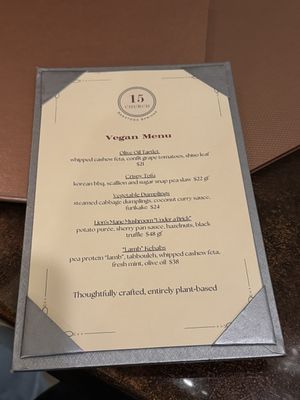 Vegan menu  at 15 Church in Saratoga Springs