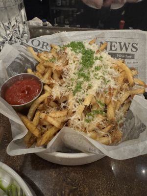 Fries with vegan parm  at 15 Church in Saratoga Springs