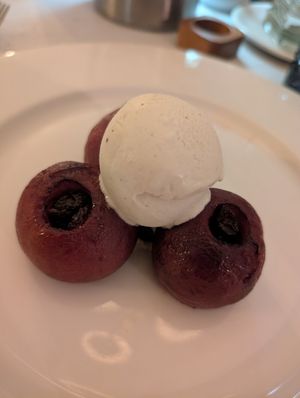 Poached plum and vegan ice cream at Loch Rannoch Hotel, Spa & Estate in Perth And Kinross