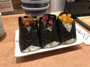 Onigiri on the plate.  at Onigiri Gorichan Tenjin in Fukuoka