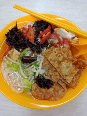 Noodle soup with mushroom broth, fried tofu skin, fried tofu, mock char siu, bean sprouts, napa cabbage and seaweed. at Kwan Tzi Zhai Vegetarian Cuisine 觀自齋 - Geylang in Central Singapore